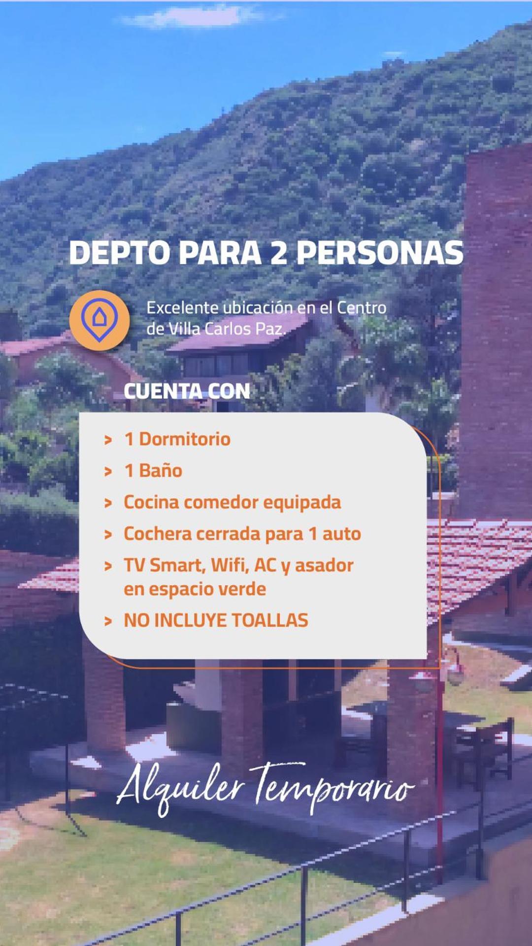 Dpto 2 Personas Con Cochera, Excelente Ubicación! * Villa Carlos Paz